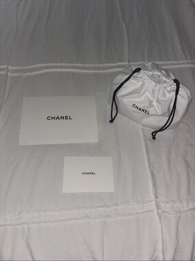 CHANEL White Fabric Drawstring Pouch with Black Cord and Branded Cards